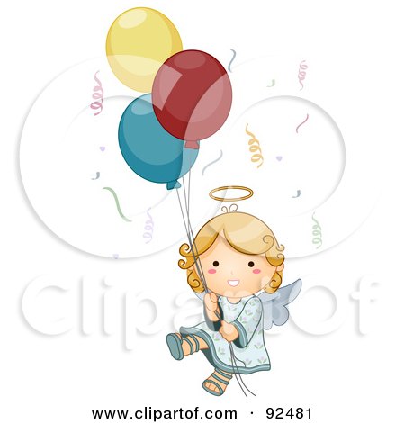 Royalty-Free (RF) Clipart Illustration of a Cute Blond Angel Floating With Confetti And Balloons by BNP Design Studio