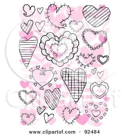 Royalty-Free (RF) Clipart Illustration of a Collage Of Black Doodle Hearts Over Pink Hearts by BNP Design Studio
