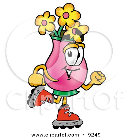 Clipart Picture of a Vase of Flowers Mascot Cartoon Character Roller Blading on Inline Skates by Mascot Junction