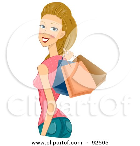 Royalty-Free (RF) Clipart Illustration of a Dirty Blond Woman Holding Shopping Bags Over Her Shoulder by BNP Design Studio