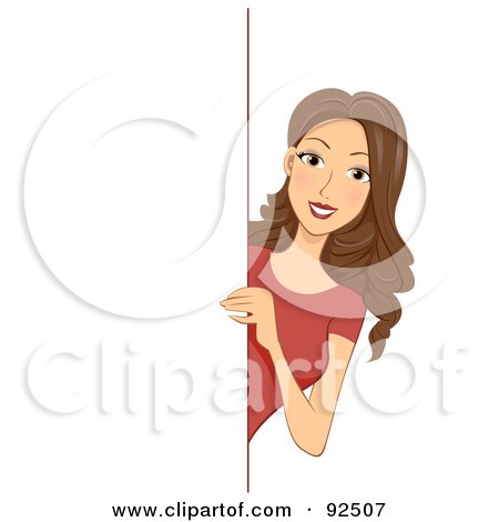 Royalty-Free (RF) Clipart Illustration of a Brunette Woman Looking Around A Blank Board by BNP Design Studio