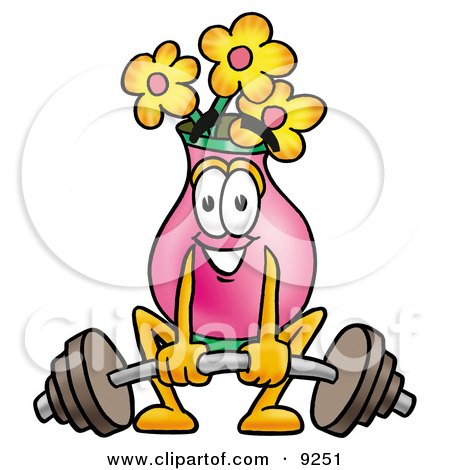 Clipart Picture of a Vase of Flowers Mascot Cartoon Character Lifting a Heavy Barbell by Mascot Junction