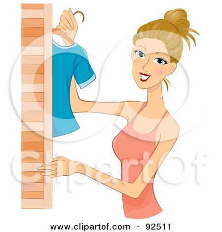 Royalty-Free (RF) Clipart Illustration of a Dirty Blond Woman Hanging Clothes In A Closet by BNP Design Studio
