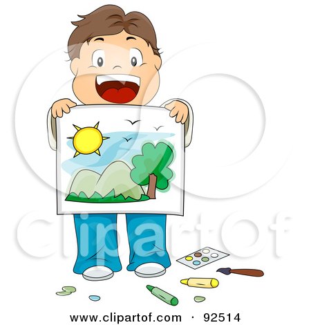 Royalty-Free (RF) Clipart Illustration of a Brunette Boy Showing Off His Drawing by BNP Design Studio