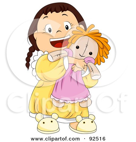 Royalty-Free (RF) Clipart Illustration of a Brunette Girl In Yellow Pjs, Hugging Her Doll by BNP Design Studio