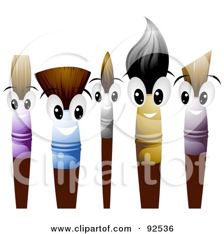 Royalty-Free (RF) Clipart Illustration of Friendly Paint Brush Characters Smiling by BNP Design Studio