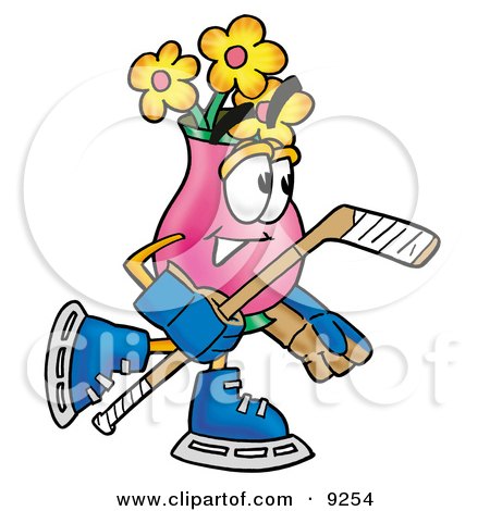 Clipart Picture of a Vase of Flowers Mascot Cartoon Character Playing Ice Hockey by Mascot Junction