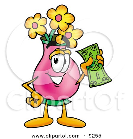 Clipart Picture of a Vase of Flowers Mascot Cartoon Character Holding a Dollar Bill by Mascot Junction