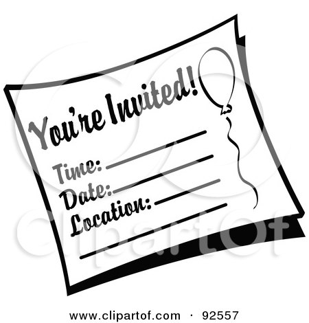 Royalty-Free (RF) Clipart Illustration of a Black And White You're Invited Birthday Party Invitation by Andy Nortnik