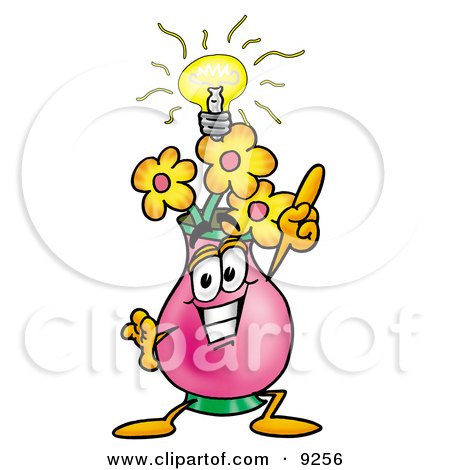 Clipart Picture of a Vase of Flowers Mascot Cartoon Character With a Bright Idea by Mascot Junction