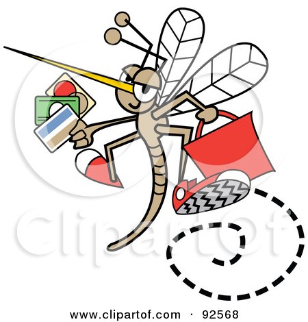 Royalty-Free (RF) Clipart Illustration of a Shopping Mosquito Flying With Credit Cards And A Red Bag by Andy Nortnik