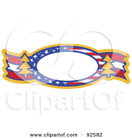 Royalty-Free (RF) Clipart Illustration of a Patriotic Oval Text Box With Stars, Stripes And Trees by Andy Nortnik