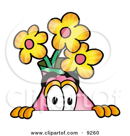 Clipart Picture of a Vase of Flowers Mascot Cartoon Character Peeking Over a Surface by Mascot Junction