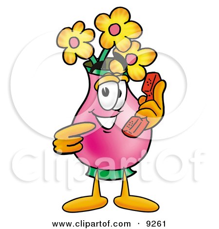 Clipart Picture of a Vase of Flowers Mascot Cartoon Character Holding a Telephone by Mascot Junction