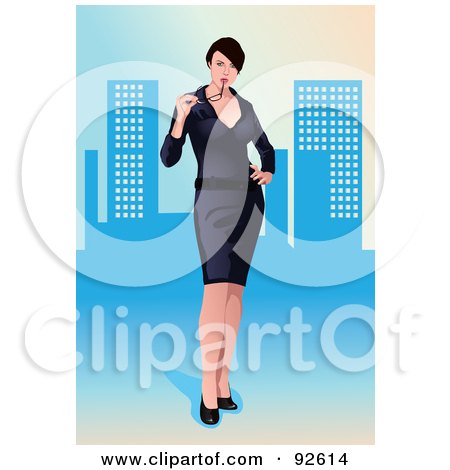 Royalty-Free (RF) Clipart Illustration of a Sexy Business Woman In A Dress, Over A Blue Urban Background by mayawizard101