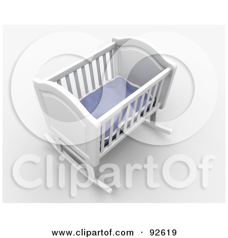 Royalty-Free (RF) Clipart Illustration of a 3d White Rocker Baby Crib With A Blue Blanket by KJ Pargeter
