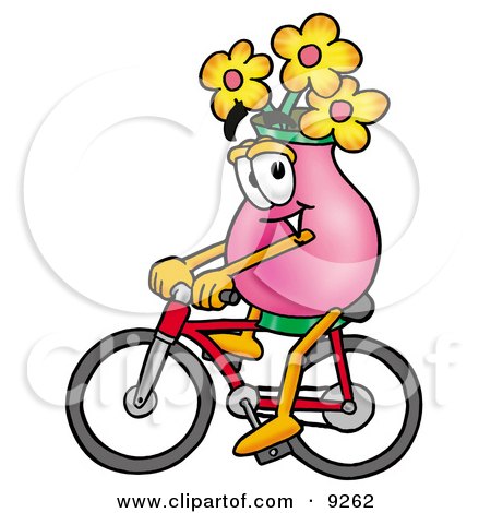 Clipart Picture of a Vase of Flowers Mascot Cartoon Character Riding a Bicycle by Mascot Junction