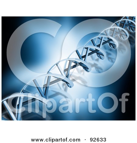 Royalty-Free (RF) Clipart Illustration of a 3d Blue Background Of A Diagonal DNA Strand Over Blue by KJ Pargeter
