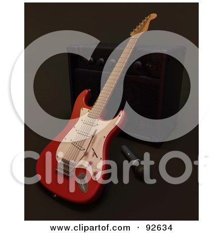 Royalty-Free (RF) Clipart Illustration of a 3d Electric Guitar By A Speaker And Microphone by KJ Pargeter
