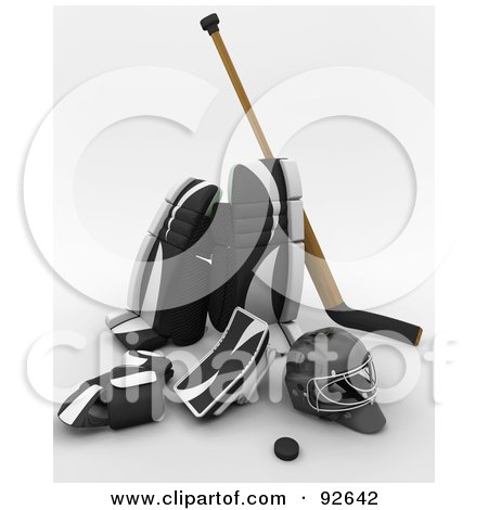 Royalty-Free (RF) Clipart Illustration of a 3d Black, White And Wooden Ice Hockey Gear by KJ Pargeter