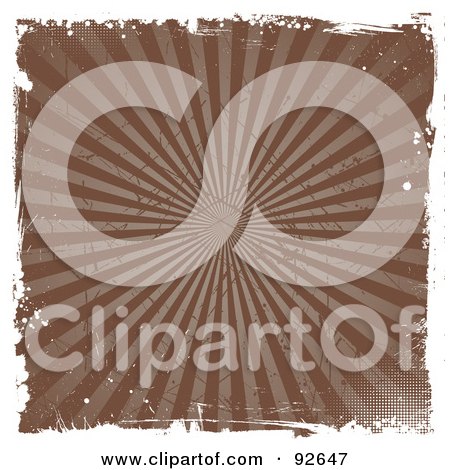 Royalty-Free (RF) Clipart Illustration of a Grungy Brown Burst Background With Halftone, Rays And White Edges by KJ Pargeter