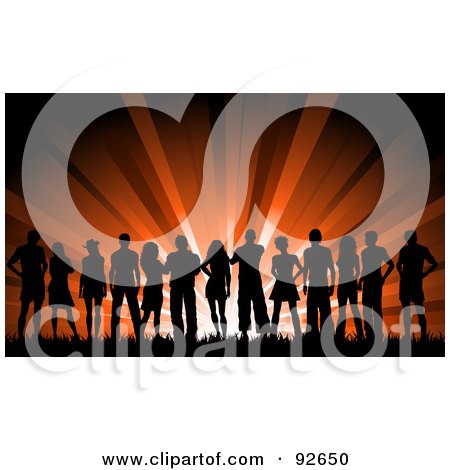 Royalty-Free (RF) Clipart Illustration of a Large Silhouetted Group Of Young People Against Red Lights by KJ Pargeter
