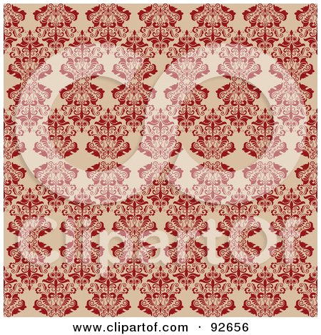 Royalty-Free (RF) Clipart Illustration of a Seamless Red And Beige Damask Patterned Background by KJ Pargeter