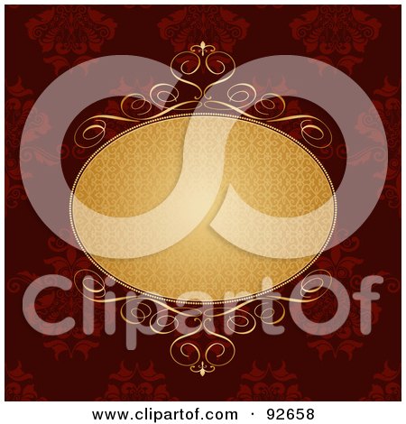Royalty-Free (RF) Clipart Illustration of a Golden Text Oval On A Red Floral Background by KJ Pargeter