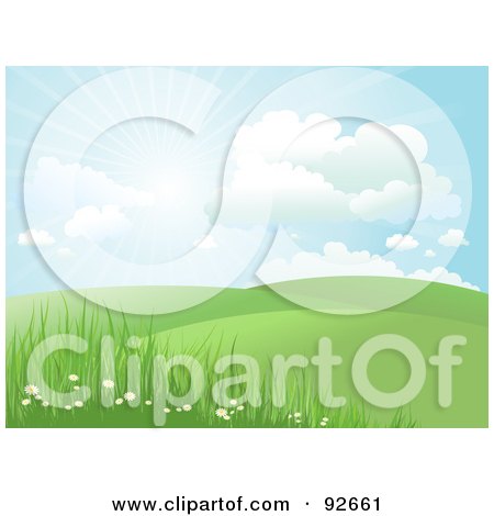 Royalty-Free (RF) Clipart Illustration of a Green Hilly Landscape With Wild Daisies And The Sun Shining In The Sky by KJ Pargeter
