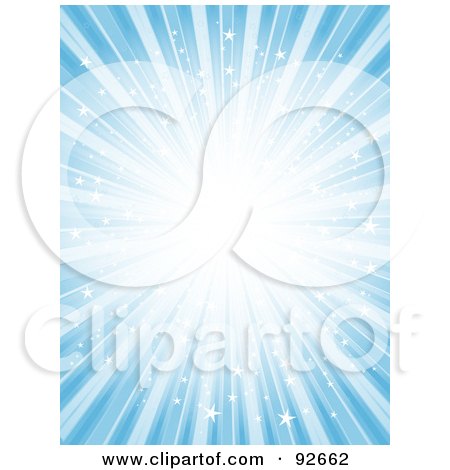 Royalty-Free (RF) Clipart Illustration of a Background Of Bright Starry Bursting Light Over Blue by KJ Pargeter