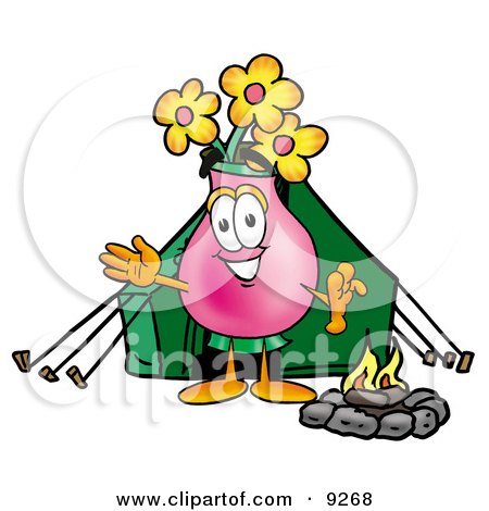 Clipart Picture of a Vase of Flowers Mascot Cartoon Character Camping With a Tent and Fire by Mascot Junction