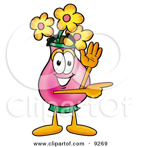 Clipart Picture of a Vase of Flowers Mascot Cartoon Character Waving and Pointing by Mascot Junction