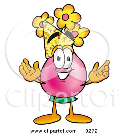 Clipart Picture of a Vase of Flowers Mascot Cartoon Character Wearing a Birthday Party Hat by Mascot Junction