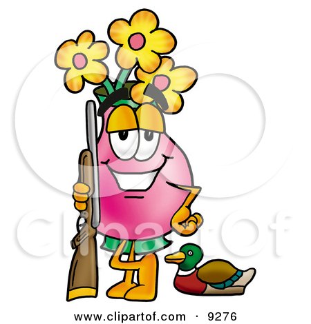 Clipart Picture of a Vase of Flowers Mascot Cartoon Character Duck Hunting, Standing With a Rifle and Duck by Mascot Junction