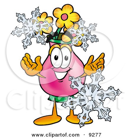 Clipart Picture of a Vase of Flowers Mascot Cartoon Character With Three Snowflakes in Winter by Mascot Junction