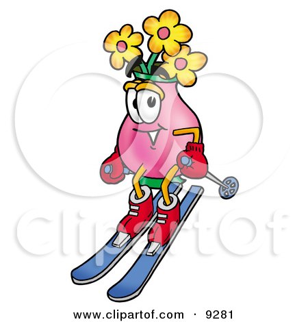 Clipart Picture of a Vase of Flowers Mascot Cartoon Character Skiing Downhill by Mascot Junction