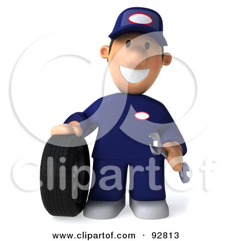 Royalty-Free (RF) Clipart Illustration of a 3d Toon Guy Auto Mechanic With A Tire - 1 by Julos