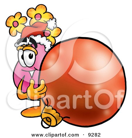 Clipart Picture of a Vase of Flowers Mascot Cartoon Character Wearing a Santa Hat, Standing With a Christmas Bauble by Mascot Junction