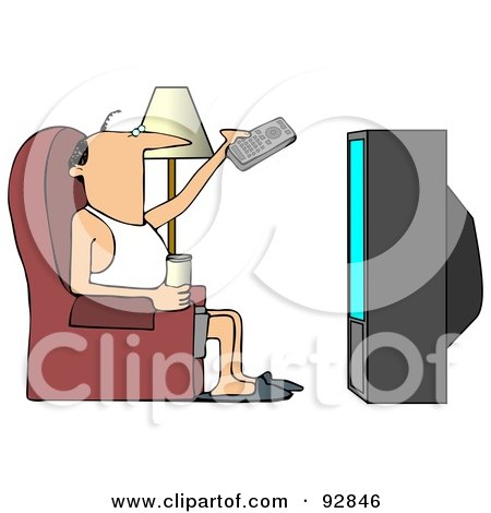 Royalty-Free (RF) Clipart Illustration of a Slim Man Sitting On A Chair With A Canned Beverage, Pointing A Remote To A Television by djart