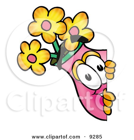 Clipart Picture of a Vase of Flowers Mascot Cartoon Character Peeking Around a Corner by Mascot Junction