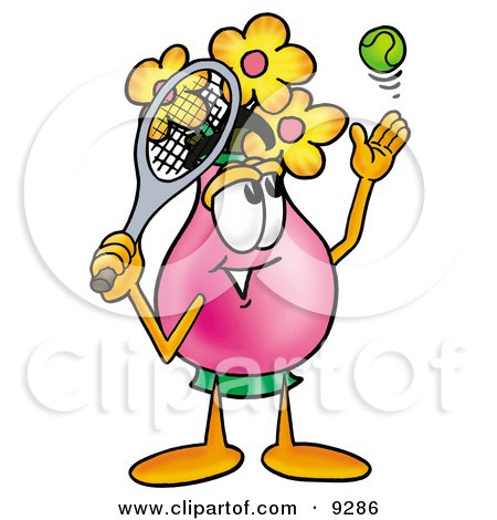Clipart Picture of a Vase of Flowers Mascot Cartoon Character Preparing to Hit a Tennis Ball by Mascot Junction