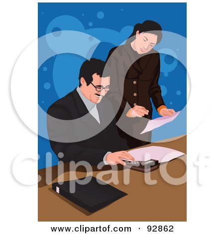 Royalty-Free (RF) Clipart Illustration of a Business Woman And Man Discussing Forms At A Table by mayawizard101