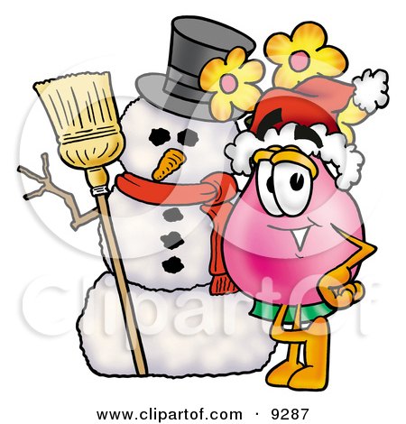 Clipart Picture of a Vase of Flowers Mascot Cartoon Character With a Snowman on Christmas by Mascot Junction