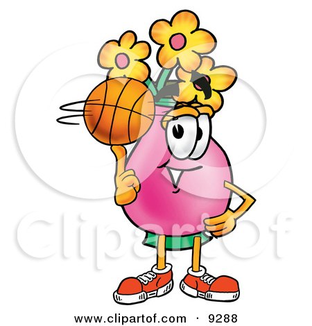 Clipart Picture of a Vase of Flowers Mascot Cartoon Character Spinning a Basketball on His Finger by Mascot Junction