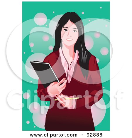 Royalty-Free (RF) Clipart Illustration of a Business Woman Carrying A Folder, On A Green And Pink Background by mayawizard101