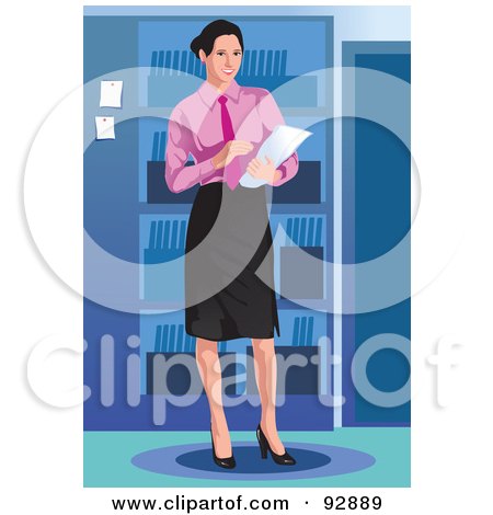 Royalty-Free (RF) Clipart Illustration of a Business Woman Standing By A Book Shelf by mayawizard101