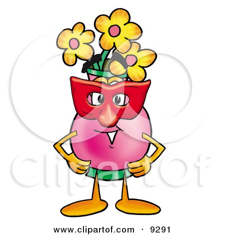 Clipart Picture of a Vase of Flowers Mascot Cartoon Character Wearing a Red Mask Over His Face by Mascot Junction