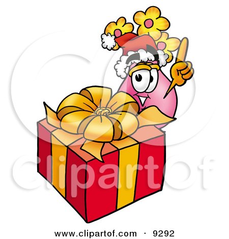 Clipart Picture of a Vase of Flowers Mascot Cartoon Character Standing by a Christmas Present by Mascot Junction