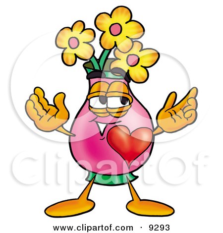 Clipart Picture of a Vase of Flowers Mascot Cartoon Character With His Heart Beating Out of His Chest by Mascot Junction