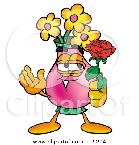Clipart Picture of a Vase of Flowers Mascot Cartoon Character Holding a Red Rose on Valentines Day by Mascot Junction